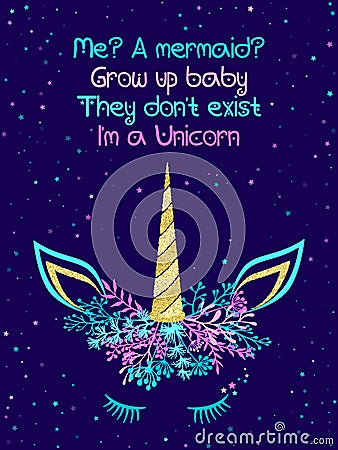 Unicorn head cute illustration with sparkle stars and text - vector card and t shirt print design. Vector Illustration