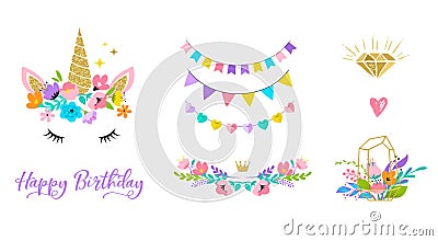 Unicorn head with flowers - card and shirt design Vector Illustration