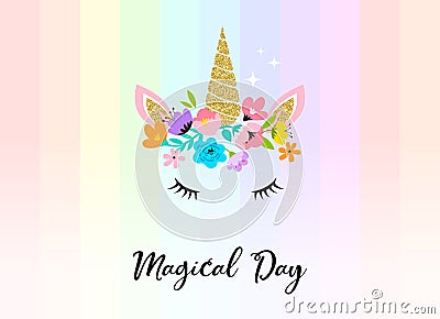 Unicorn head with flowers - card and shirt design Vector Illustration