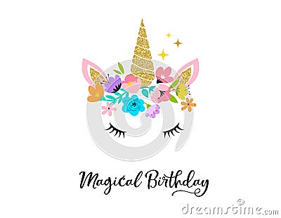 Unicorn head with flowers - card and shirt design Vector Illustration