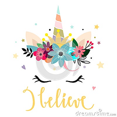 Unicorn head with flowers, printable card design Vector Illustration