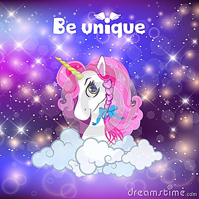 Unicorn head with pink mane on universe background Vector Illustration