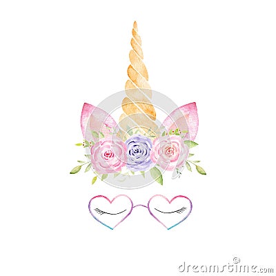 Unicorn head with rainbow mane, lashes, corn, glasses, flowers watercolor clipart. Hand painted illustration. Cartoon Illustration