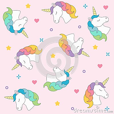 Unicorn head seamless pattern colorful on pink background Vector Illustration