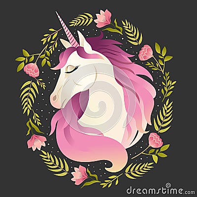 Unicorn head in wreath of flowers. Watercolor illustration Vector Illustration