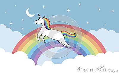 Unicorn horse jump flying on clouds rainbow moon stars background Vector Illustration