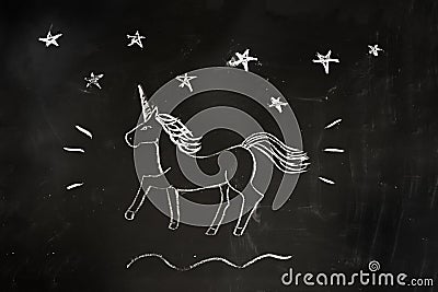 Unicorn. Inspirational illustration design for print, banner, poster. Magic stars. Chalk on bkackboard Cartoon Illustration