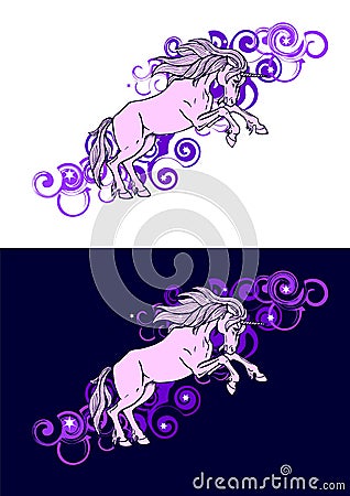 Unicorn jumping among clouds and stars Vector Illustration