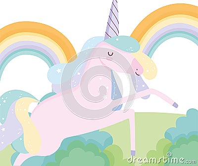 Unicorn jumping rainbow field fantasy magic cute cartoon Vector Illustration