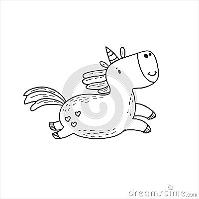 Unicorn. Linear vector illustration in doodle style. Kawaii Character Design Vector Illustration