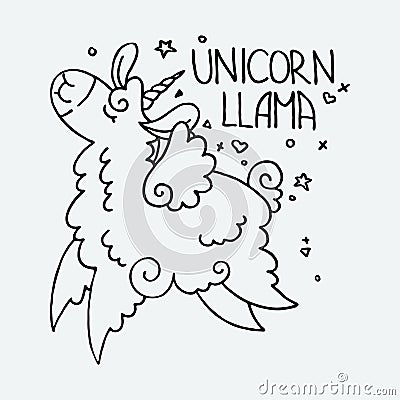 Unicorn Llama. Cute horned fluffy alpaca. Funny smiling cozy animal Cartoon Illustration