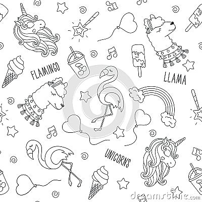 Unicorn, llama and flamingo. Black and white abstract outline seamless pattern. Fashion illustration drawing in modern style for Cartoon Illustration