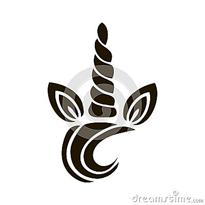 Unicorn logo with horn, ears and bang. Vector Illustration