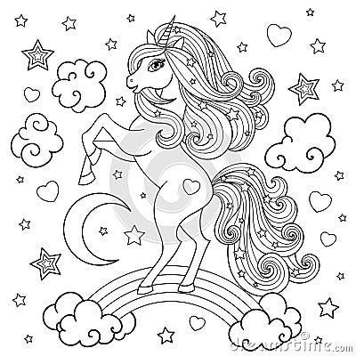 Unicorn with a long mane on the rainbow. Black and white image. Vector Vector Illustration