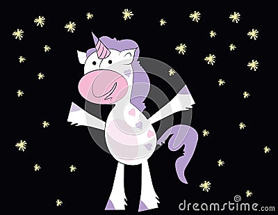 Cute little unicorn vector in hearts with purple hair. Unicorn cartoon. Vector Illustration