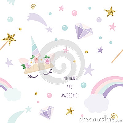 Unicorn magic seamless pattern background with rainbow, stars and diamonds. For print and web. Stock Photo