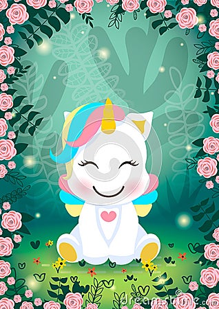 A unicorn in a magical forest world Vector Illustration