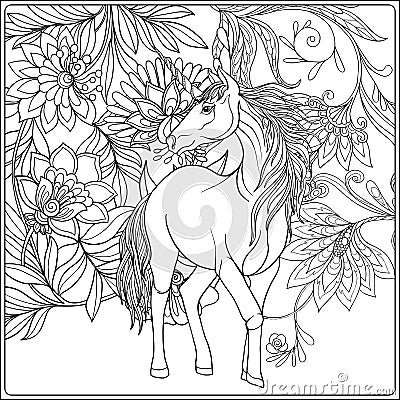 Unicorn in magical garden. Cartoon Illustration