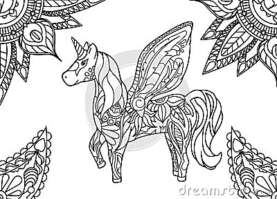 Unicorn with mandala and paisley ornament. Horizontal adult coloring page Cartoon Illustration