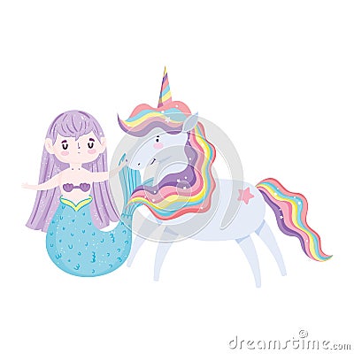 Unicorn and mermaid magic cartoon isolated icon design Vector Illustration