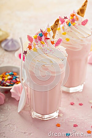 Unicorn milkshakes with sprinkles Stock Photo