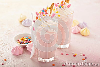 Unicorn milkshakes with sprinkles Stock Photo