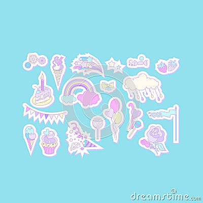 Unicorn multicolor stickers with cake, sweets, ice-cream, cloud and flag Vector Illustration