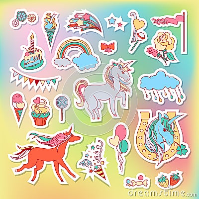 Unicorn multicolor stickers with rainbow, unicorn, cloud, cake, sweets, ice-cream and flag Vector Illustration