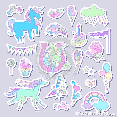 Unicorn multicolor stickers with unicorn, cloud, cake, sweets, ice-cream and flag Vector Illustration