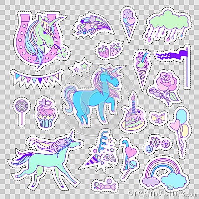 Unicorn multicolor stickers with unicorns, cake, sweets, ice-cream, cloud, stars and flag Vector Illustration