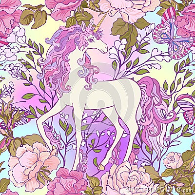 Unicorn with multicolored mane, butterfly rainbow, star and love Vector Illustration