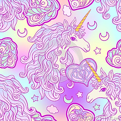 Unicorn with multicolored mane, butterfly rainbow, star and love Vector Illustration