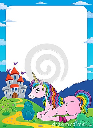 Unicorn near castle theme frame 2 Vector Illustration