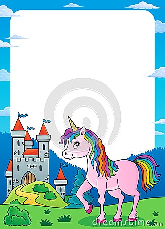 Unicorn near castle theme frame 1 Vector Illustration