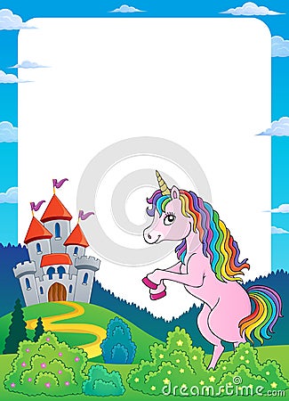 Unicorn near castle theme frame 4 Vector Illustration