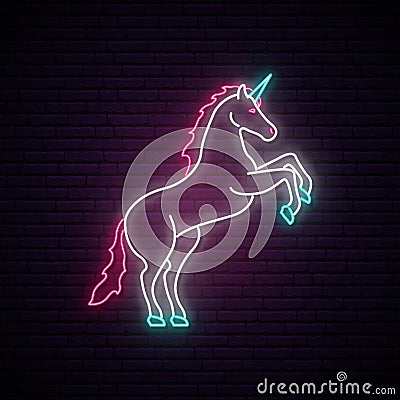 Unicorn neon sign. Magical unicorn standing on hind hooves. Vector Illustration
