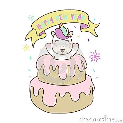 Unicorn out from Birthday Cake, Celebrate Happy New Year. Vector Illustration Stock Photo