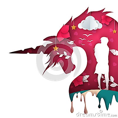 Unicorn paper illustration. Castle paper landscape. Man and woman love. Vector Illustration