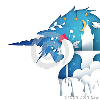 Unicorn paper illustration. Castle paper landscape. Vector Illustration