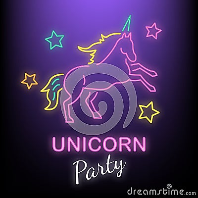 Unicorn party neon logo Vector Illustration