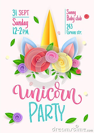 Unicorn party pink theme invitation poster design. Paper cut flowers Unicorn horn, hand drawn moderm calligraphy and Vector Illustration