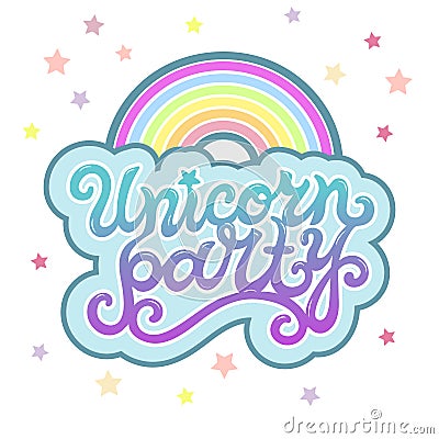 Unicorn Party text as logotype, badge, patch, icon isolated on background. Stock Photo