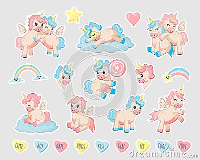 Unicorn patch. Cartoon baby animals with horns and wings. Pegasus and ponies play on clouds and sleep on rainbow. Fairy Vector Illustration