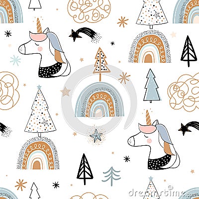 Christmas winter seamless pattern with unicorns and rainbows, kids wallpaper, holidays background for gift paper Vector Illustration