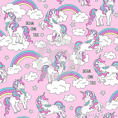 Unicorn pattern and rainbow. Trendy seamless vector pattern on a pink background. Fashion illustration drawing in modern style for Cartoon Illustration