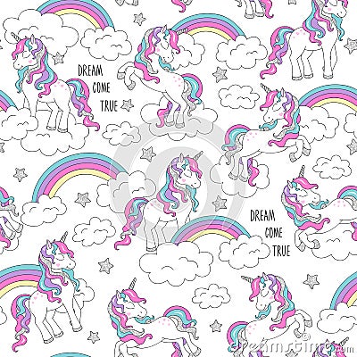 Unicorn pattern and rainbow. Trendy seamless vector pattern on a white background. Fashion illustration drawing in modern style Cartoon Illustration