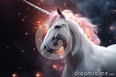 The unicorn with a pink mane and tail in a magical space. Generative AI Cartoon Illustration