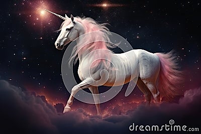 The unicorn with a pink mane and tail in a magical space. Generative AI Cartoon Illustration