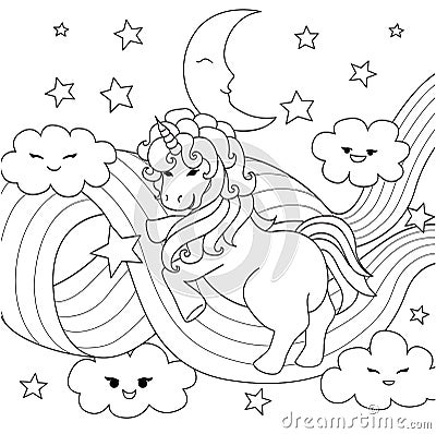 Unicorn playing with rainbow path for design element and coloring book page. Vector illustration Vector Illustration