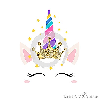 Unicorn queen card with golden crown Vector Illustration